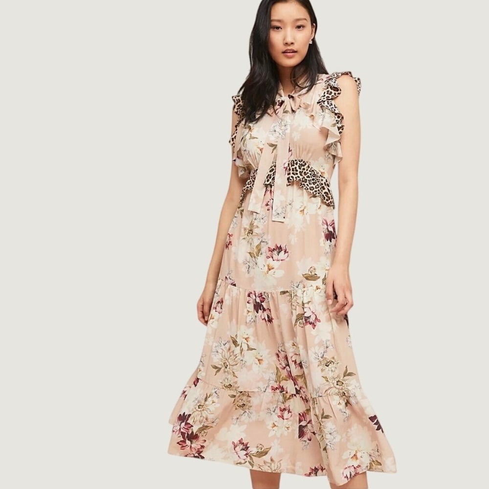 Anthropologie Kachel Sedona Sunrise‎ Silk Maxi Dress Floral Leopard Size 14